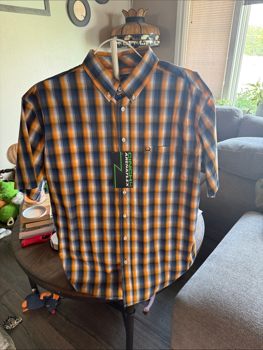 Cinch Short-Sleeve Plaid Button-Down Shirt - Orange, Navy & White